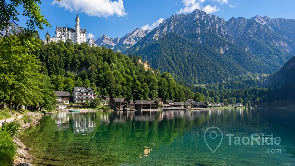 Alpsee Lake near Neuschwanstein Castle in Bavaria, Germany, surrounded by the Bavarian Alps with crystal-clear water and spectacular mountain scenery.