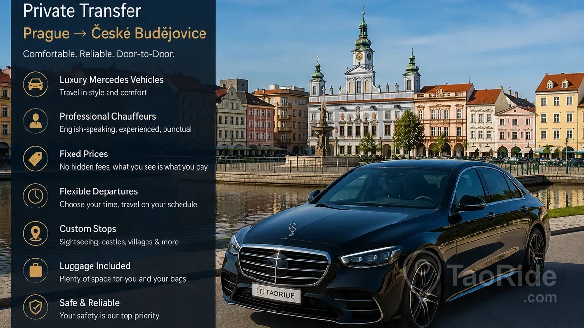 Luxury Mercedes private transfer from Prague to České Budějovice in front of the historic city center of České Budějovice.