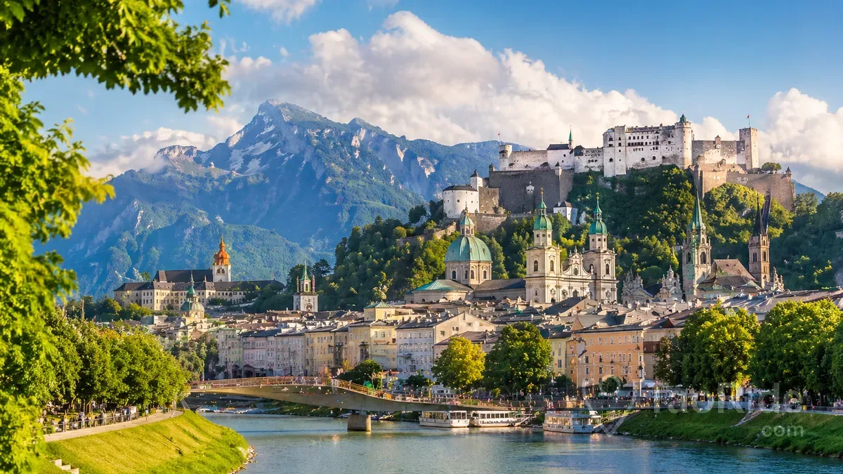 Prague to Salzburg private transfer with Salzburg skyline fortress Alps mountains scenic view