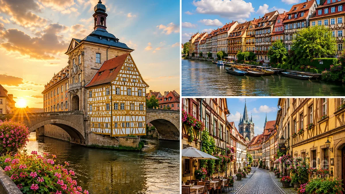 Collage of Bamberg featuring the historic Altes Rathaus, Little Venice riverside houses, and charming medieval streets in Germany's UNESCO World Heritage city.