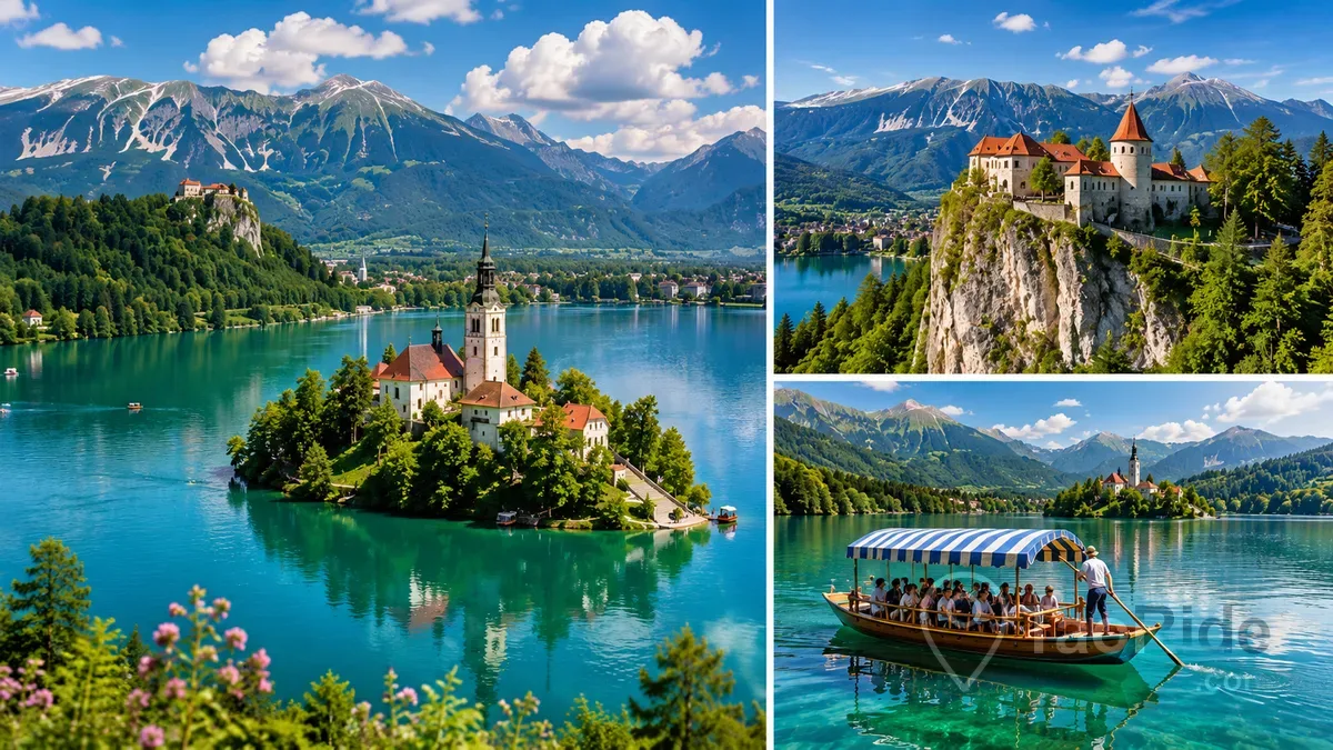Travel collage featuring the iconic Lake Bled, Bled Island with the Church of the Assumption, the medieval Bled Castle overlooking the lake, and a traditional Pletna boat surrounded by the Julian Alps in Slovenia.