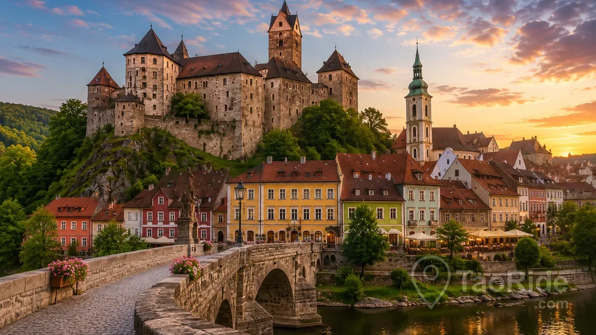 Historic stone bridge leading to Loket Castle and the medieval old town beside the Ohře River in the Czech Republic.