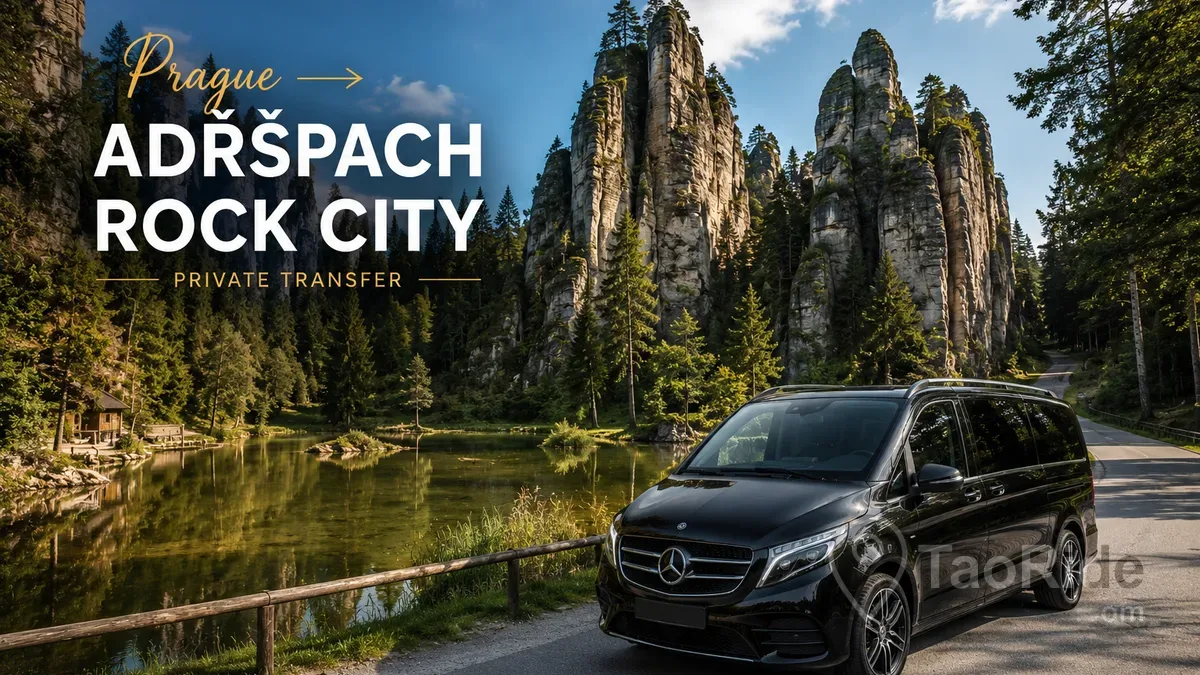 Luxury Mercedes private transfer arriving at Adršpach Rock City in the Czech Republic, surrounded by towering sandstone formations, forest trails, crystal-clear lakes, and dramatic natural scenery.