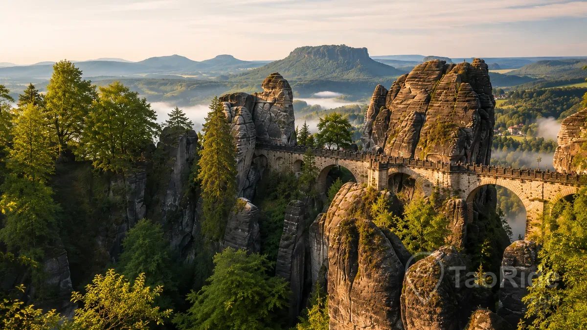 Private Mercedes transfer from Prague to Bastei Bridge driving through the scenic countryside toward Saxon Switzerland National Park, Germany.