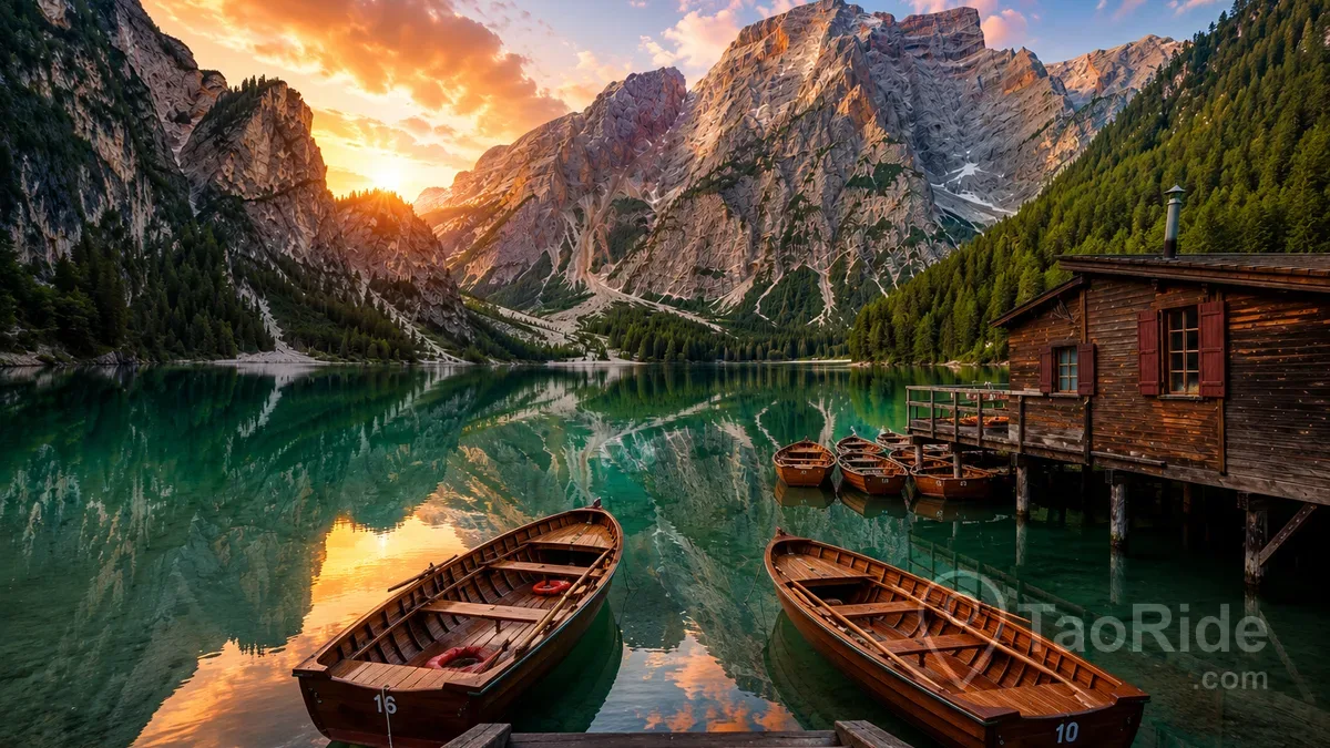 Sunset over Lake Braies (Lago di Braies) with traditional wooden boats, emerald water, and the majestic Dolomite mountains in South Tyrol, Italy.
