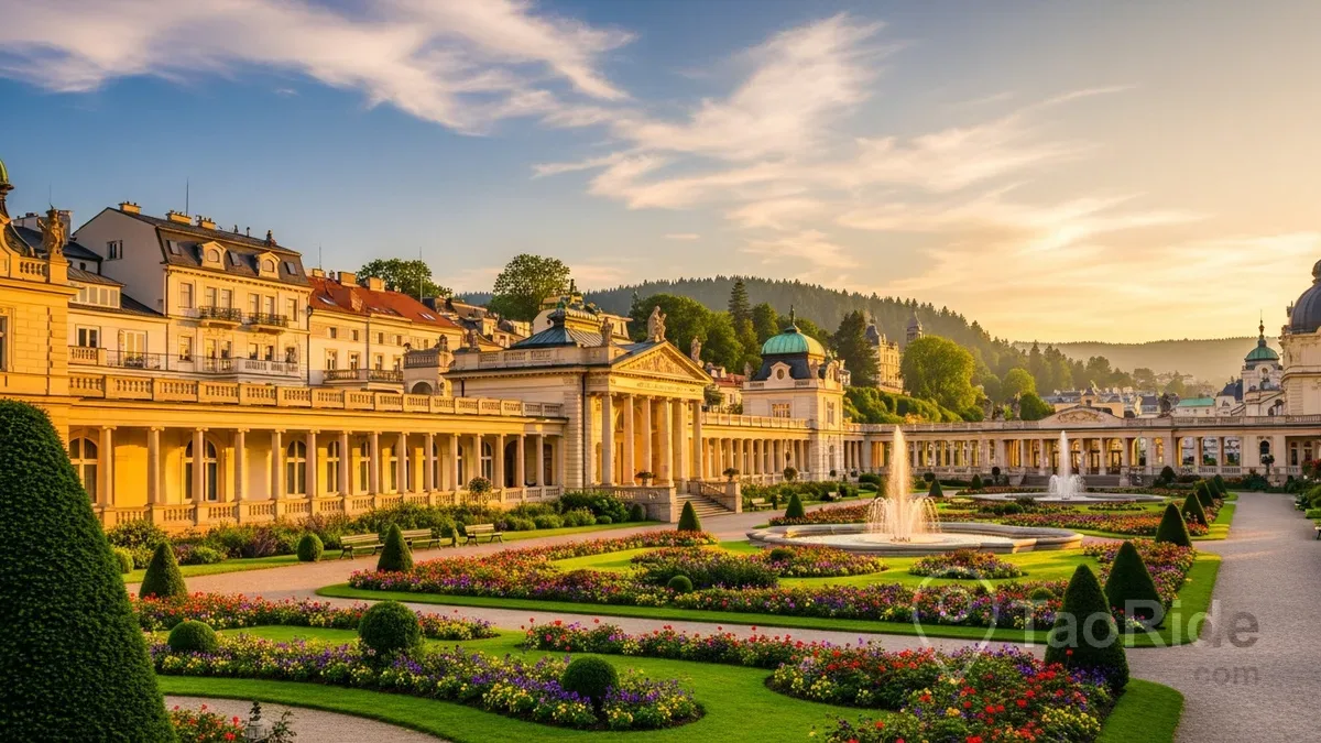 Historic spa colonnade and gardens in Františkovy Lázně, Czech Republic.