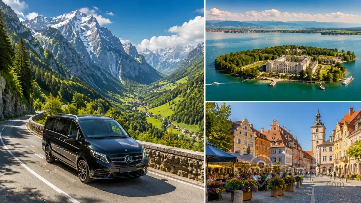 Scenic travel collage featuring a private transfer through the Bavarian Alps, Lake Chiemsee with Herrenchiemsee Palace, and the historic old town of Regensburg, Germany.