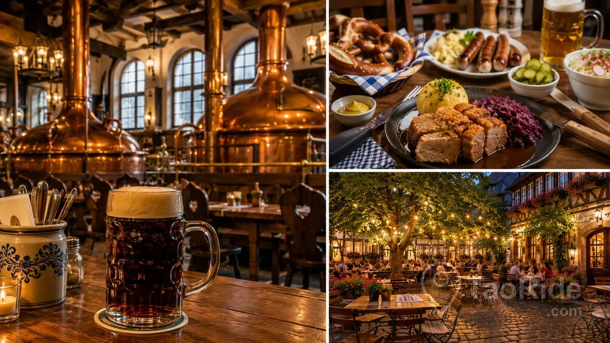 Traditional Bamberg brewery collage featuring the famous Rauchbier, authentic Franconian cuisine, historic copper brewing kettles, and a charming Bavarian beer garden in Germany.