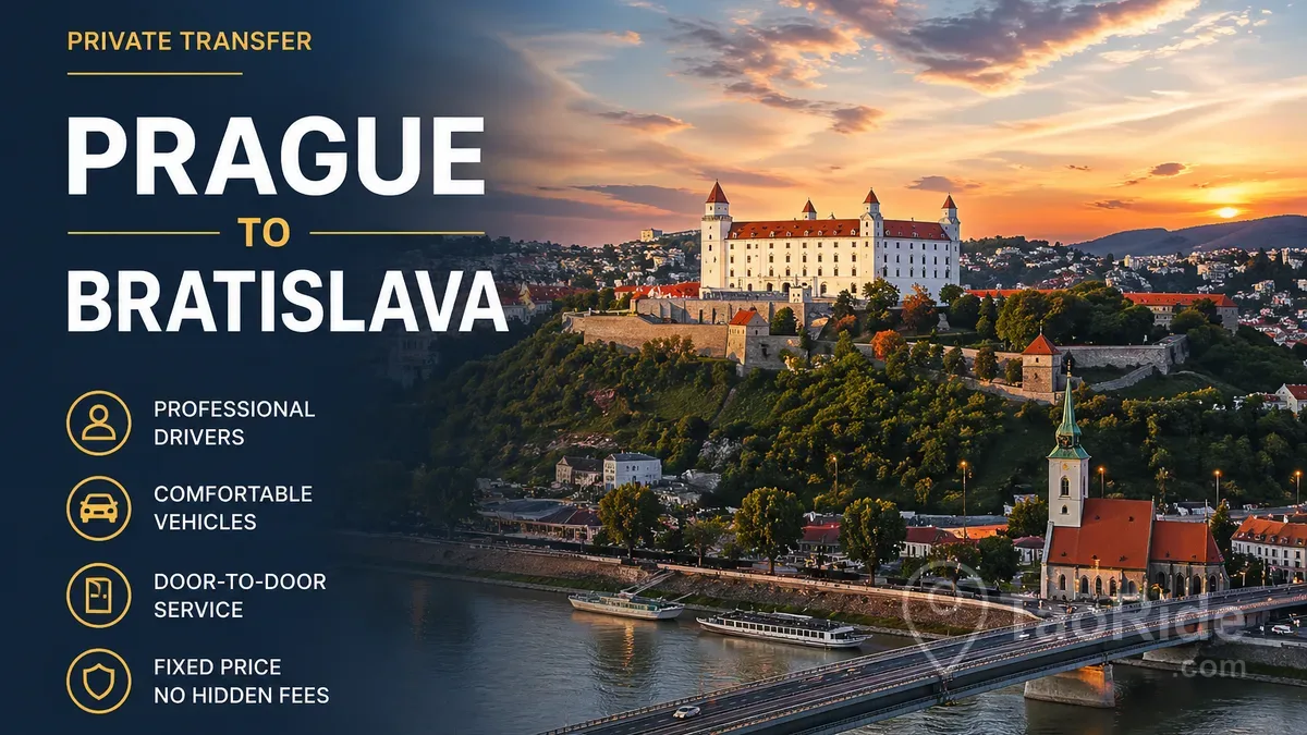 Private car transfer Prague to Bratislava Slovakia skyline Bratislava Castle Danube river