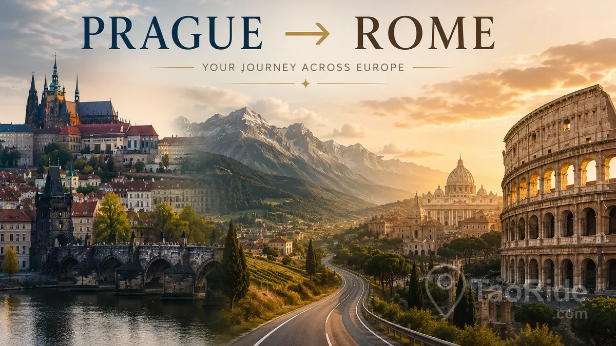 Scenic private transfer route from Prague to Rome through European mountains and Italian landscapes