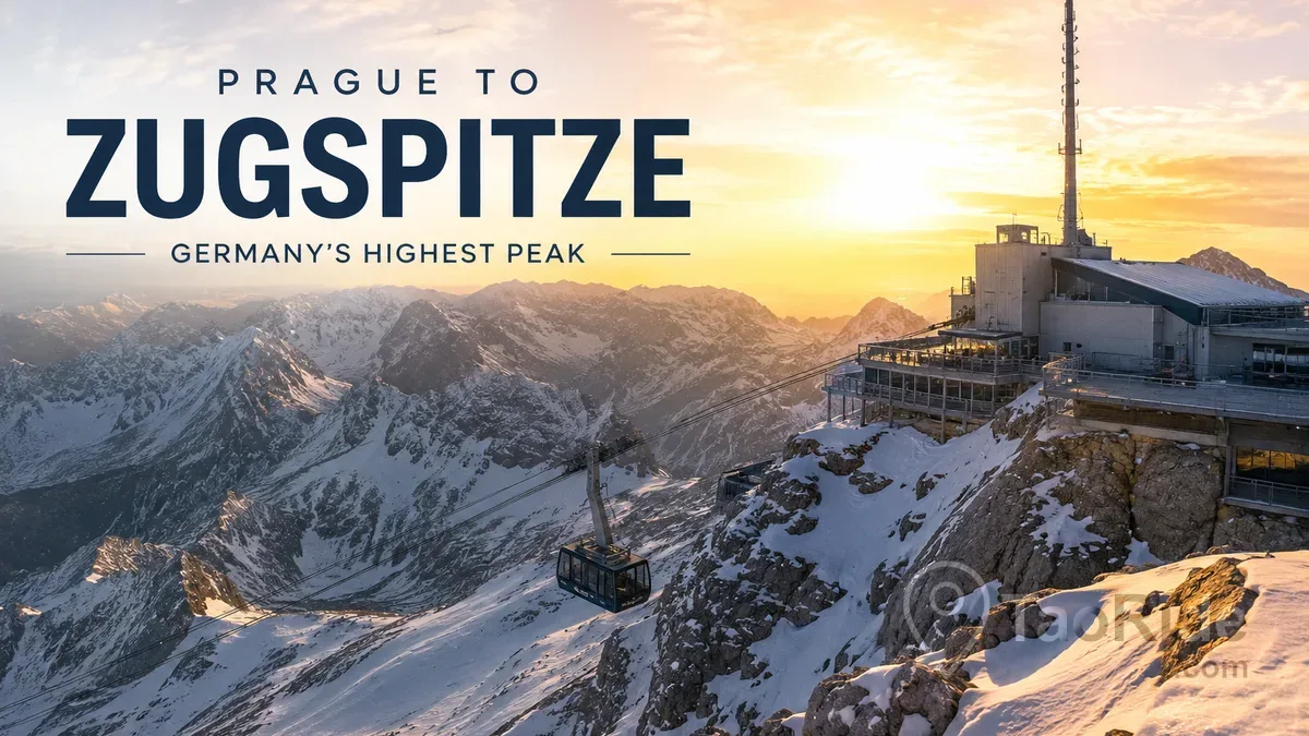Zugspitze, Germany's highest mountain, with panoramic Alpine views, cable car, and snowy peaks on a day trip from Prague.