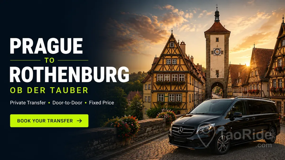 Private transfer from Prague to Rothenburg ob der Tauber with a luxury Mercedes van in front of the famous medieval town.