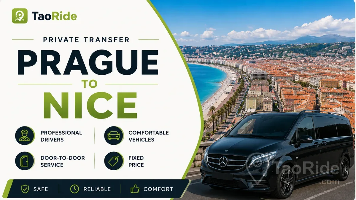 Private transfer from Prague to Nice with TaoRide luxury vehicle and French Riviera coastline
