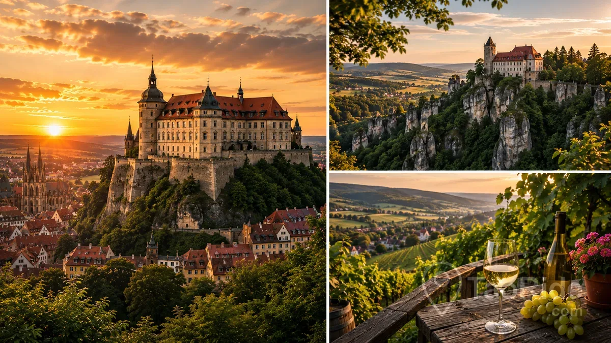 Luxury travel collage featuring Altenburg Castle, the dramatic landscapes of Franconian Switzerland, and the picturesque vineyards of Franconia near Bamberg, Germany.