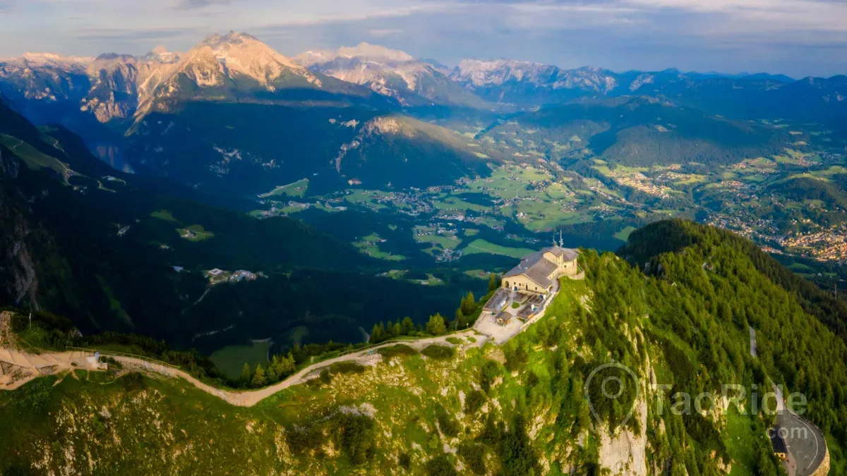 Panoramic view of Eagle's Nest (Kehlsteinhaus) in Germany overlooking the Bavarian Alps, featuring dramatic mountain peaks, scenic viewpoints, Alpine valleys, and breathtaking landscapes near Berchtesgaden National Park.